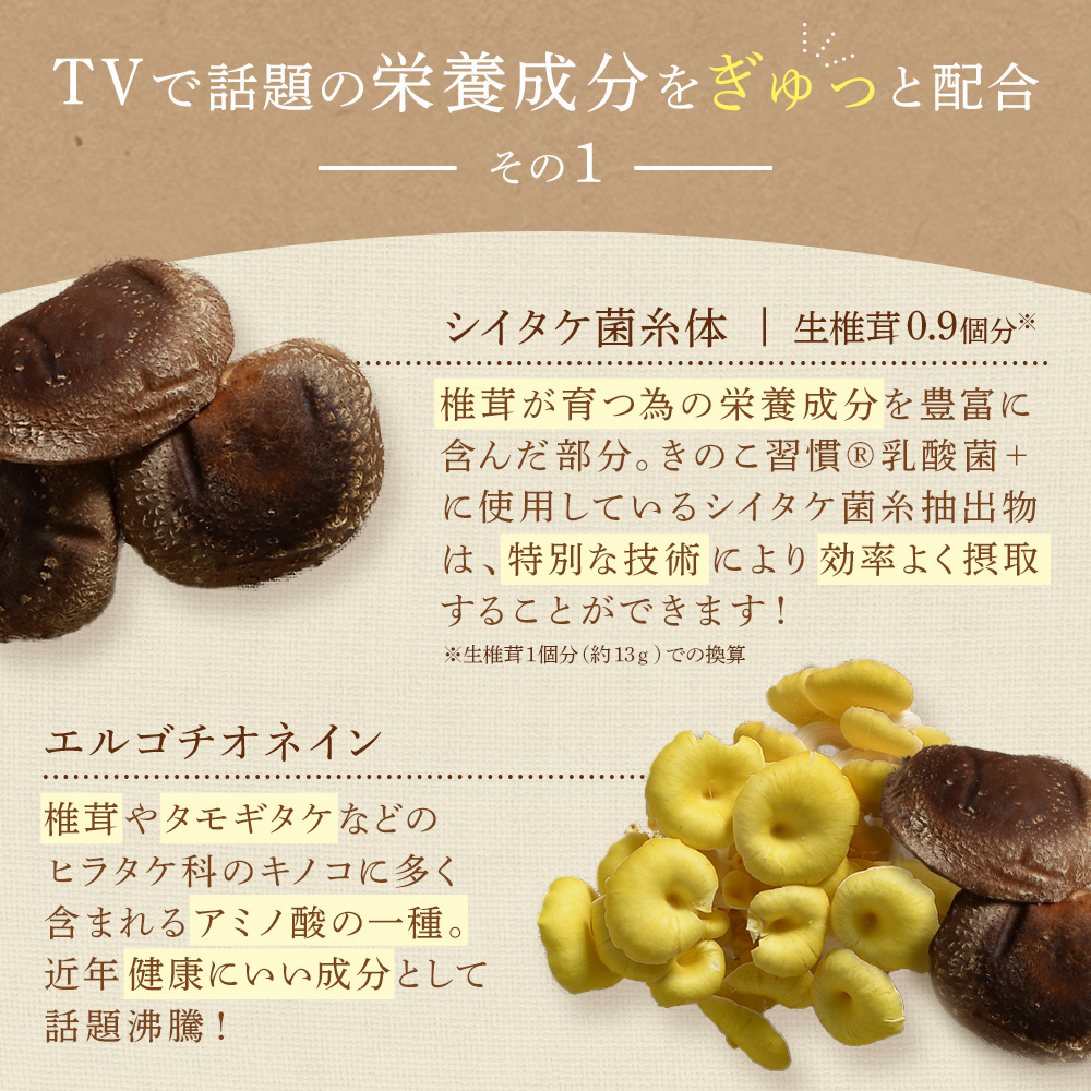 テレビで話題の栄養成分をぎゅっと配合！しいたけ菌糸体、エルゴチオネイン