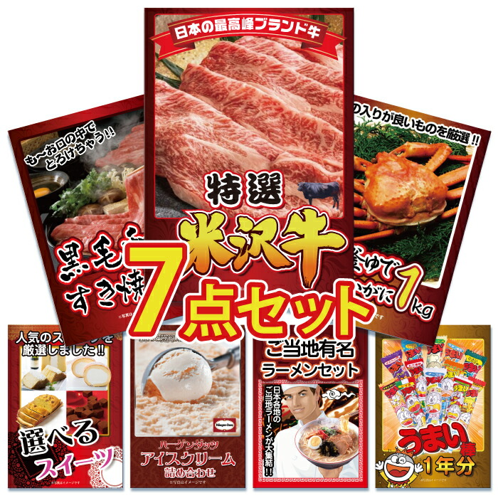 ビンゴ 景品 セット  パネル  7点  グルメ  大盛 ハーゲンダッツ 米沢牛 特選 すき焼き 高級  うまい棒 ラーメン  結婚式 二次会 披露宴