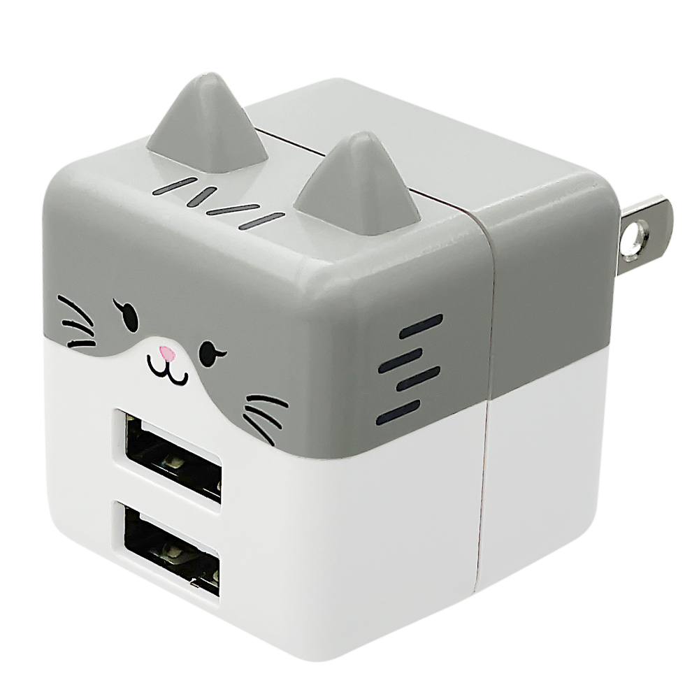 充電器 ACアダプター コンパクト Smart IC搭載 USB2ポート 2.4A 5V タイプA 猫耳 ネコミミ ネコ ねこ 猫 かわいい  モバにゃー モバニャー ラスタバナナ