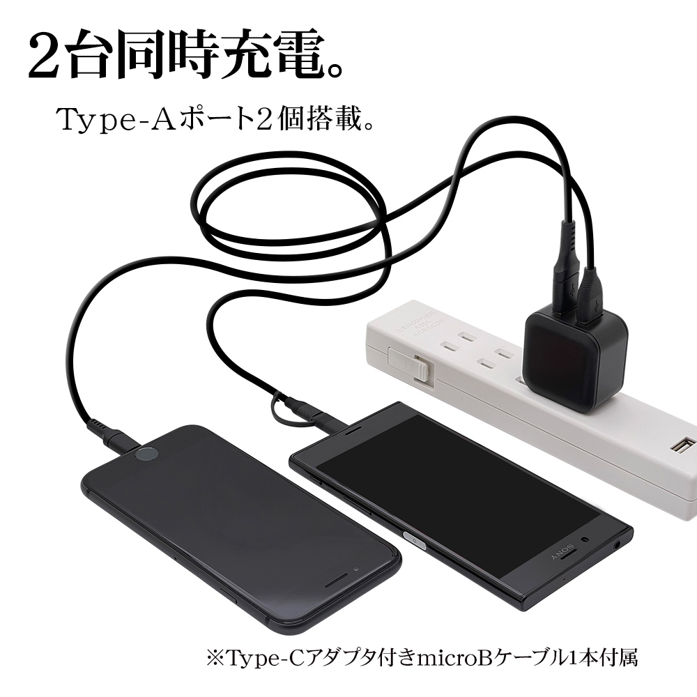 充電器 ACアダプター タイプA 2ポート マイクロBケーブル タイプC 5V 2.4A コンセント AC USB Type-A microB  Type-C typec 1.5ｍ iPad スマホ ラスタバナナ