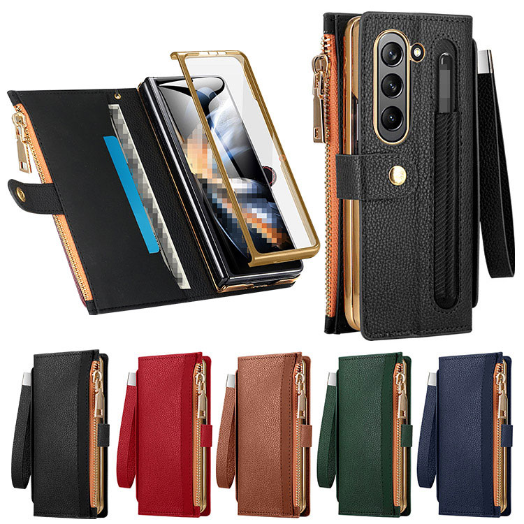 Galaxy Z Fold 5 �P�[�X �J�o�[ �蒠�^ PU���U�[ ��ʕی십���K���X��̌^ �X�^���h�@�\ �y�����[ �J�[�h���[ �X�g���b�v�t�� �X�g���b�v�t�� �T���X��