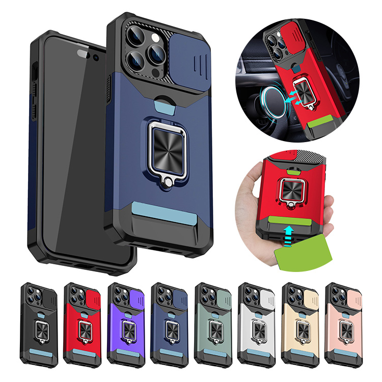 iPhone14/14 Plus/14 Pro/14 Pro Max ケース 耐衝撃 カバー スライド式カメラレンズカバー付き レンズ保護 スタンド機能 一体型リング付き カード収納