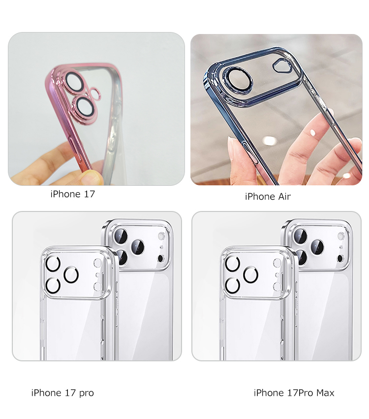 iPhone17 クリア ケース 耐衝撃 カバー レンズカバー付き メッキ 透明