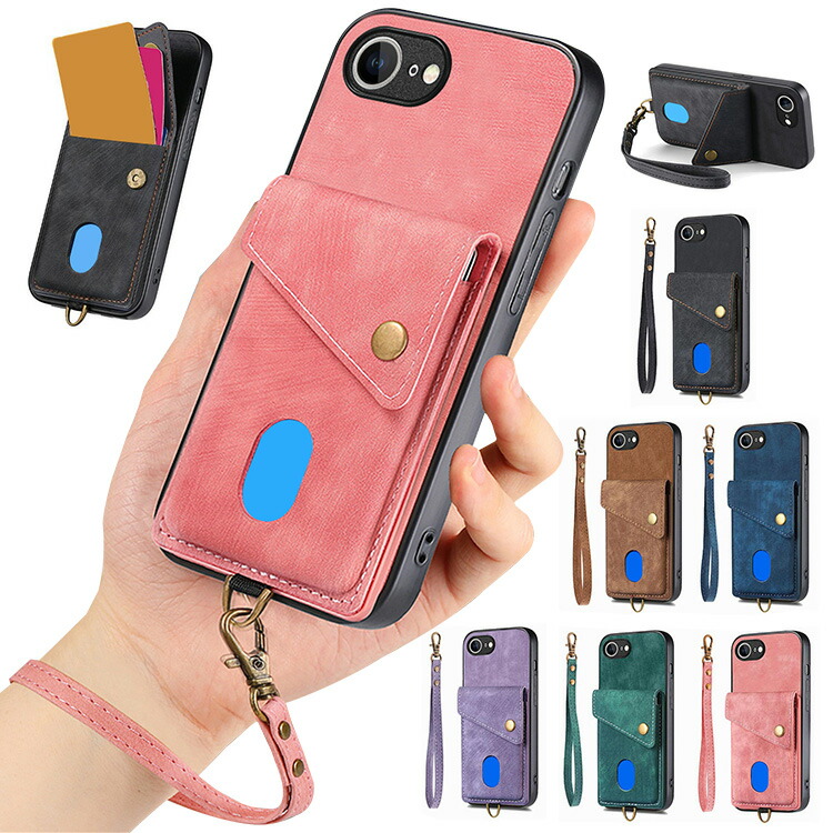 iPhone16e �P�[�X �P�[�X �ϏՌ� �J�o�[ �X�g���b�v�t�� PU���U�[ �J�[�h���[ �Ў莝���ɕ֗��ȃn���h�X�g���b�v�t�� �X�^���h�@�\ Apple�A�b�v��