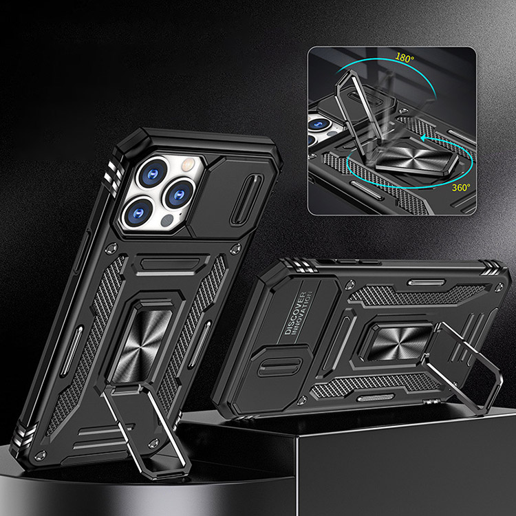 iPhone15 耐衝撃 ケース カバー 一体型スマホリング付き スライド式