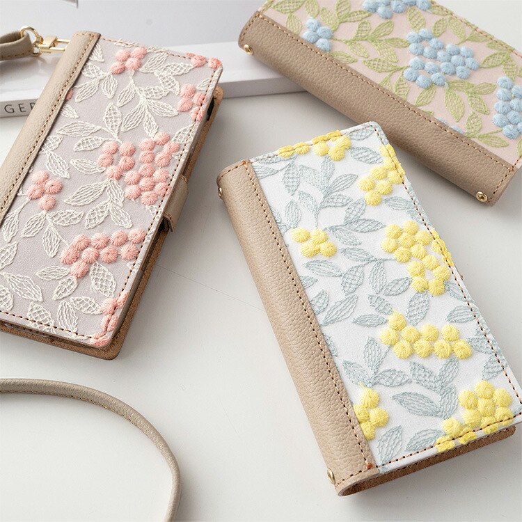 全機種対応 スマホケース 手帳型 ぷっくりミモザ × シュリンクレザー