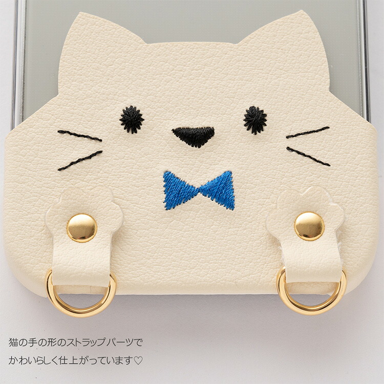 スマホケース 全機種対応 ちょいまる ストラップ付 刺繍 リボン 猫