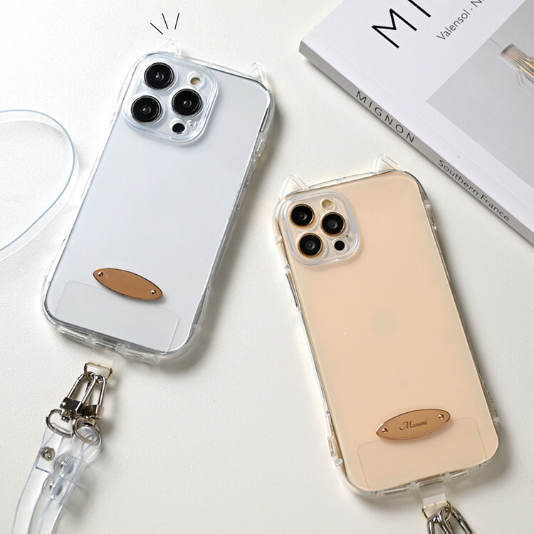 iPhone限定 猫耳 スマホケース オーバルプレート 名入れ ストラップ