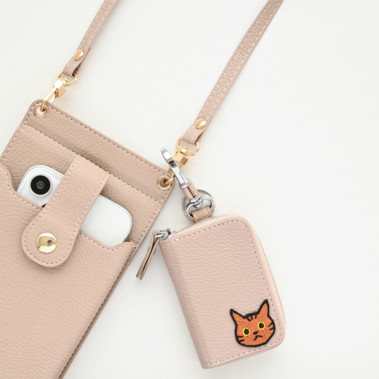 スマートキーケース シングル 窓付き 刺繍 ワッペン 猫 くすみカラー