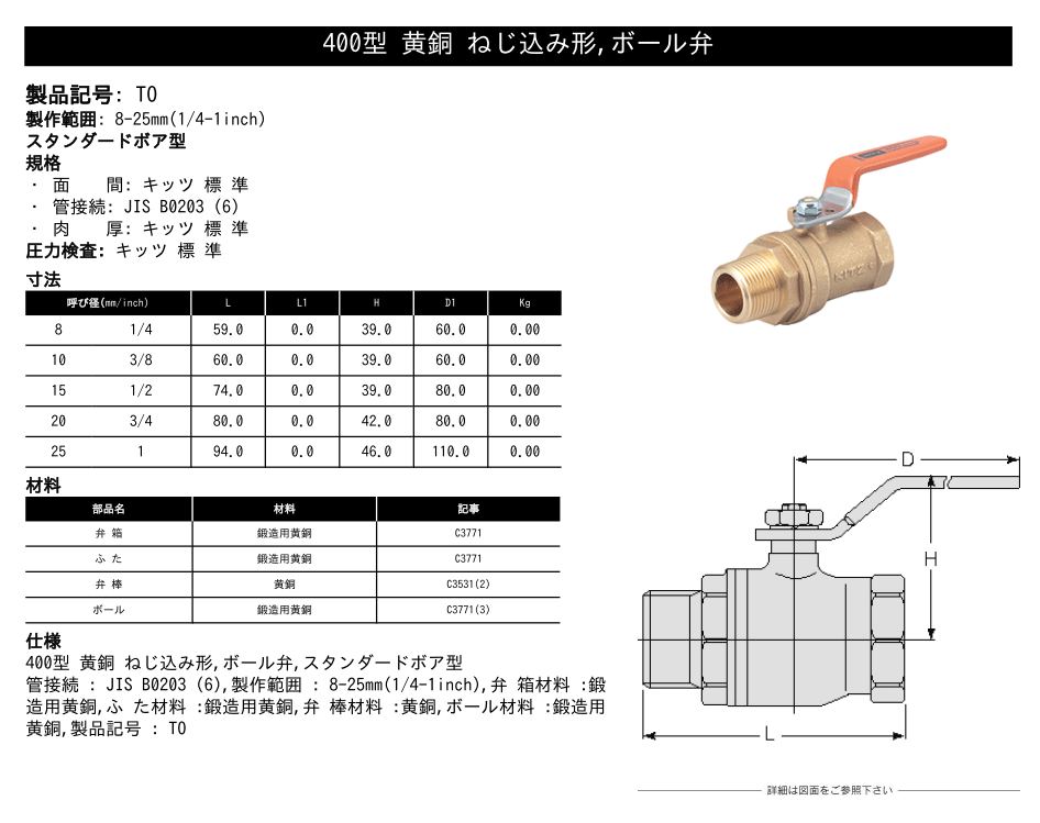 KITZ（キッツ）20A 3/4インチ ボールバルブ(Tボール) スタンダード