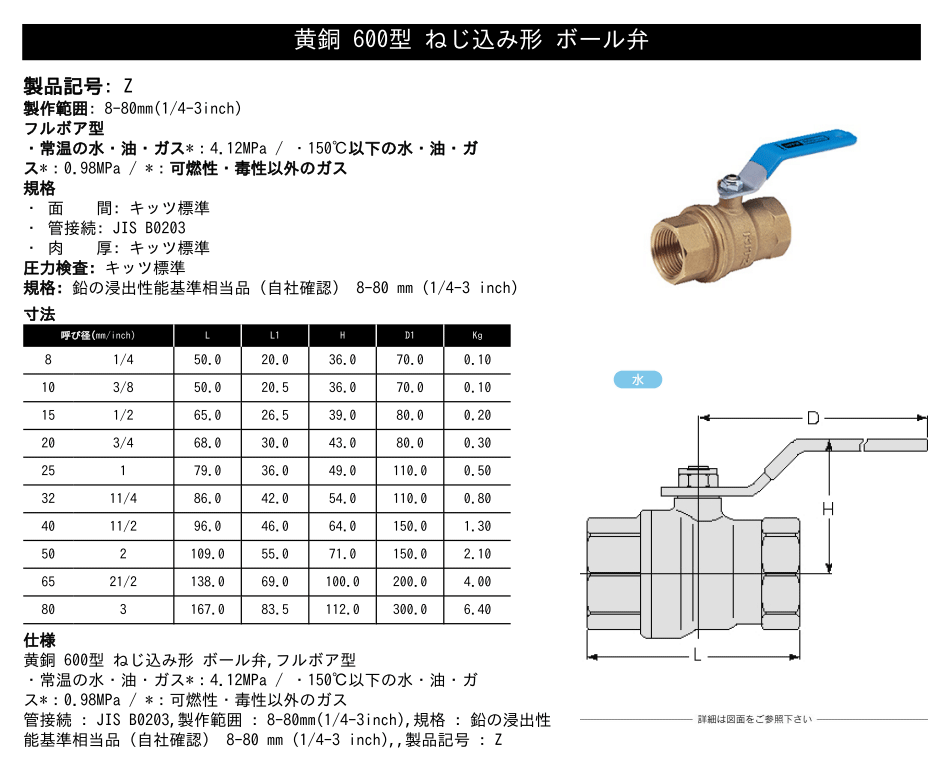 KITZ（キッツ）25A 1インチ ボールバルブ(エコボール) フルボア Z 600型 黄銅 汎用バルブ ねじ込み形