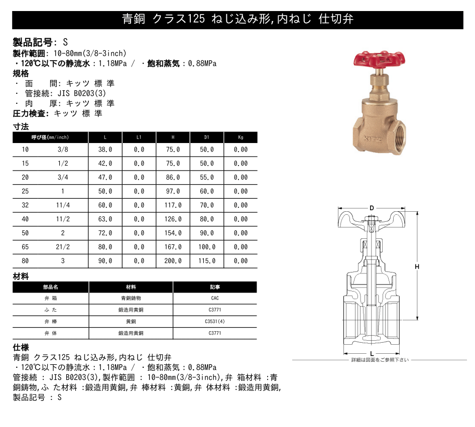 KITZ（キッツ）50A 2インチ ゲートバルブ S 125型 青銅 ステム非