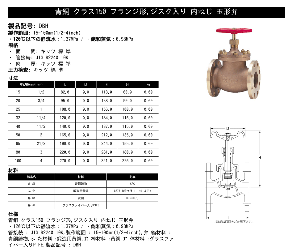 KITZ（キッツ）50A 2インチ グローブバルブ DBH 青銅 150型 グラス