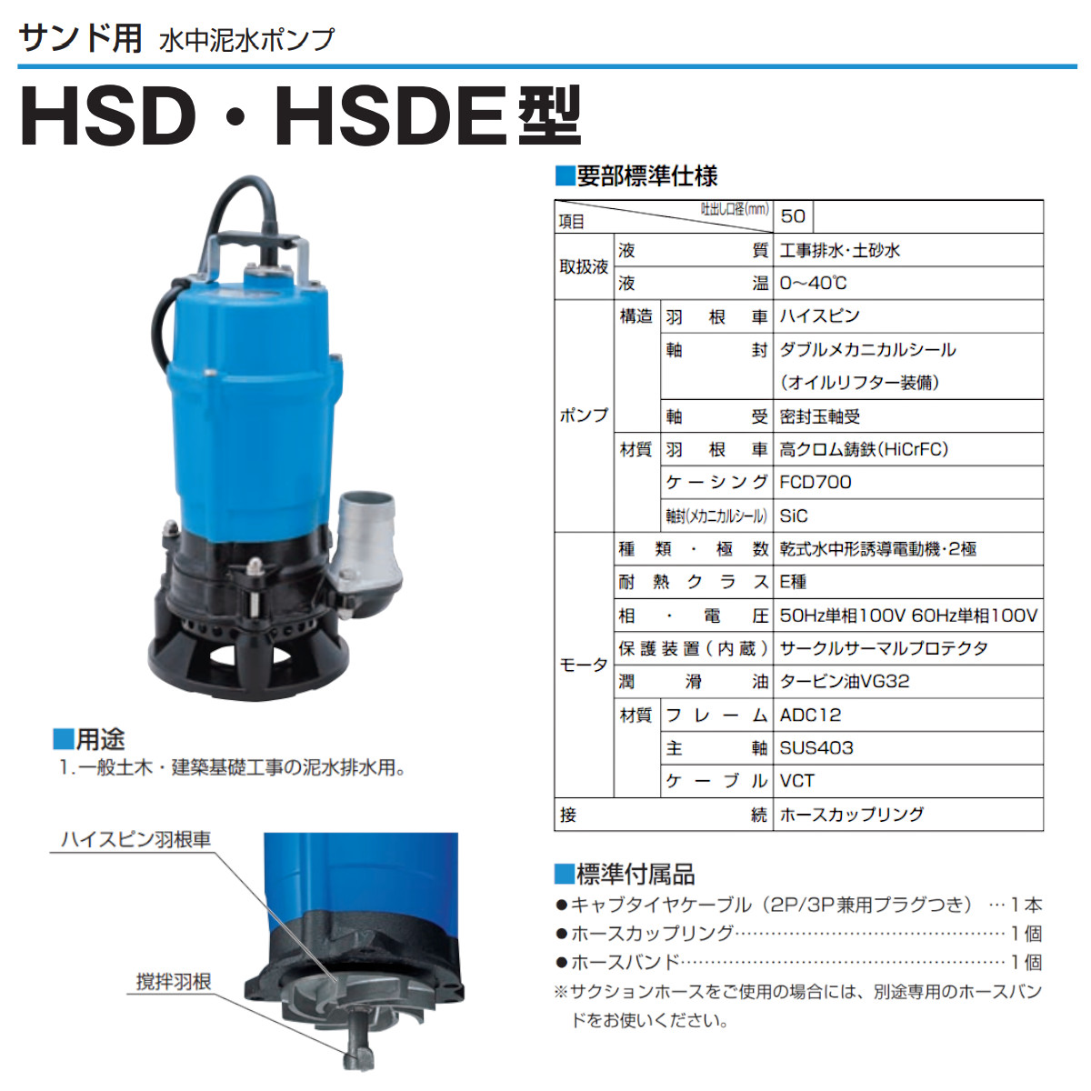 ツルミ 泥水用 水中ポンプ HSD2.55S 100V 2吋 50mm 50Hz 60Hz サンド
