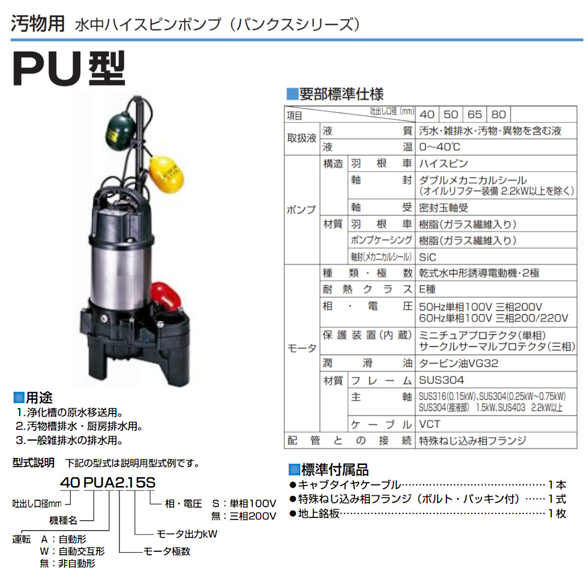 ツルミ 鶴見 40PUW2.25S / 40PUW2.25 汚物用 水中ポンプ 自動交互形 バンクスシリーズ 浄化槽用 50Hz/60Hz 100V/200V 樹脂製 汚物槽 農業 鶴見製作所｜kenki-land｜05