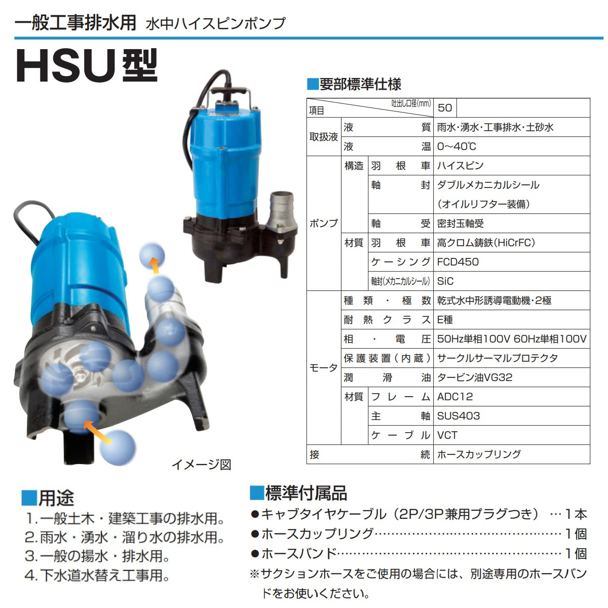 ツルミ 水中ポンプ HSU2.55S 異物通過径30mm 単相100V 60Hz/50Hz一般土木 建設 下水道水替え 非自動 ツルミポンプ 排水  排水用 排水用ポンプ ポンプ