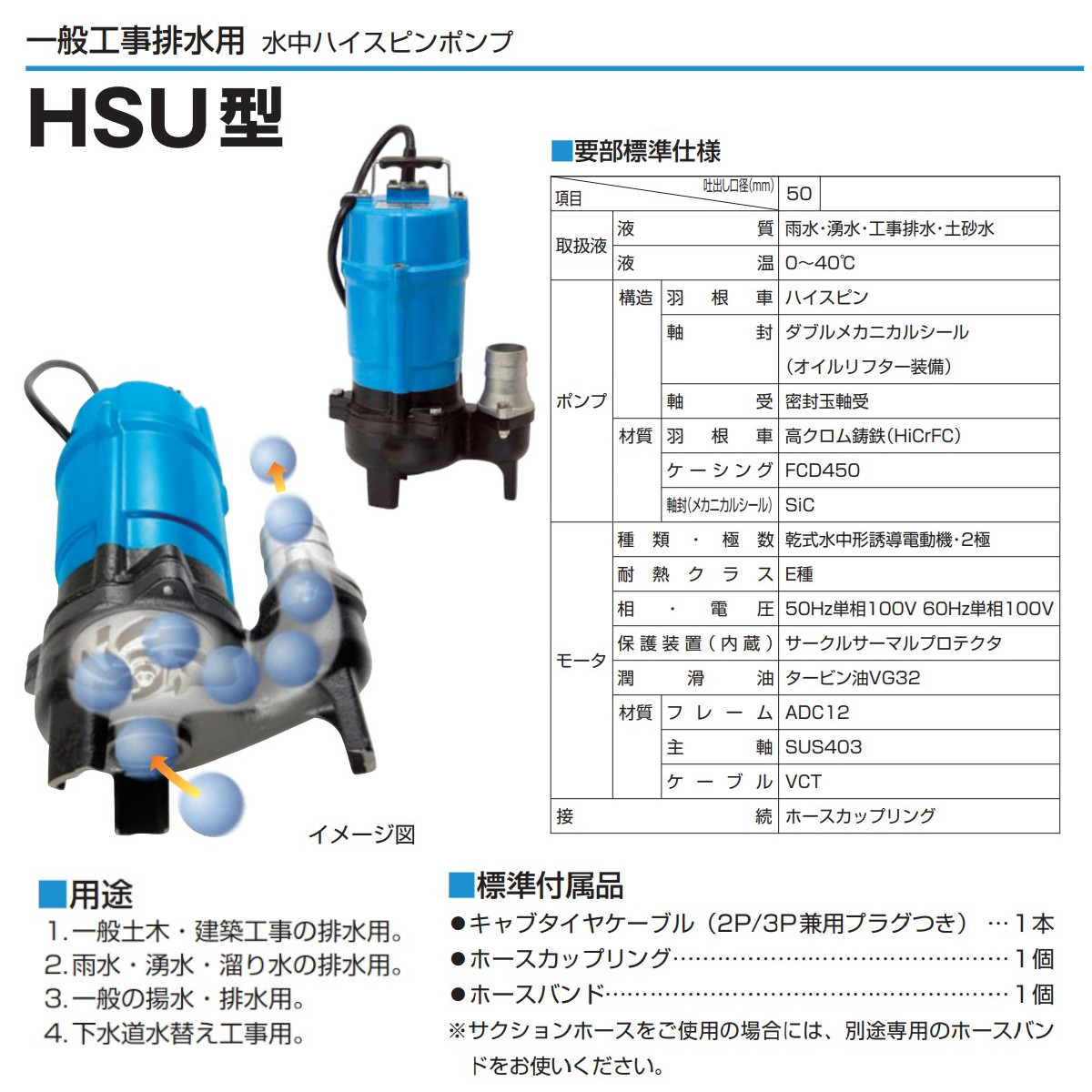 ツルミ 水中ポンプ HSU2.55S 異物通過径30mm 単相100V 60Hz/50Hz一般土木 建設 下水道水替え 非自動 ツルミポンプ 排水 排水用 排水用ポンプ ポンプ｜kenki-land｜04