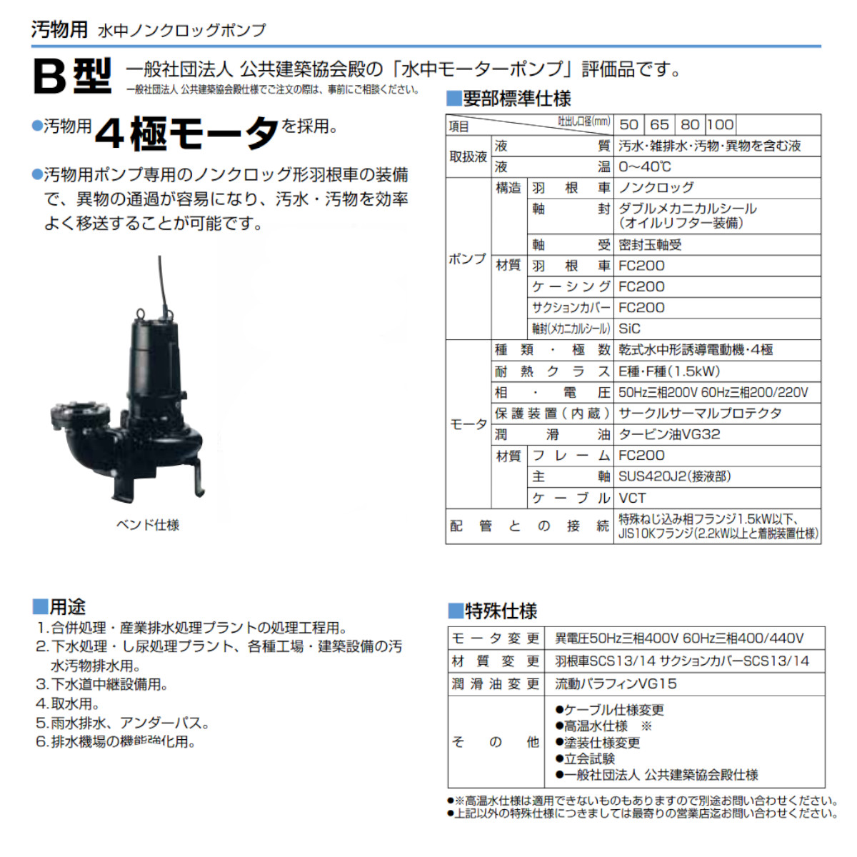 ツルミ 水中ポンプ 80B41.5 非自動形 80mm 50Hz/60Hz 三相200V 汚水