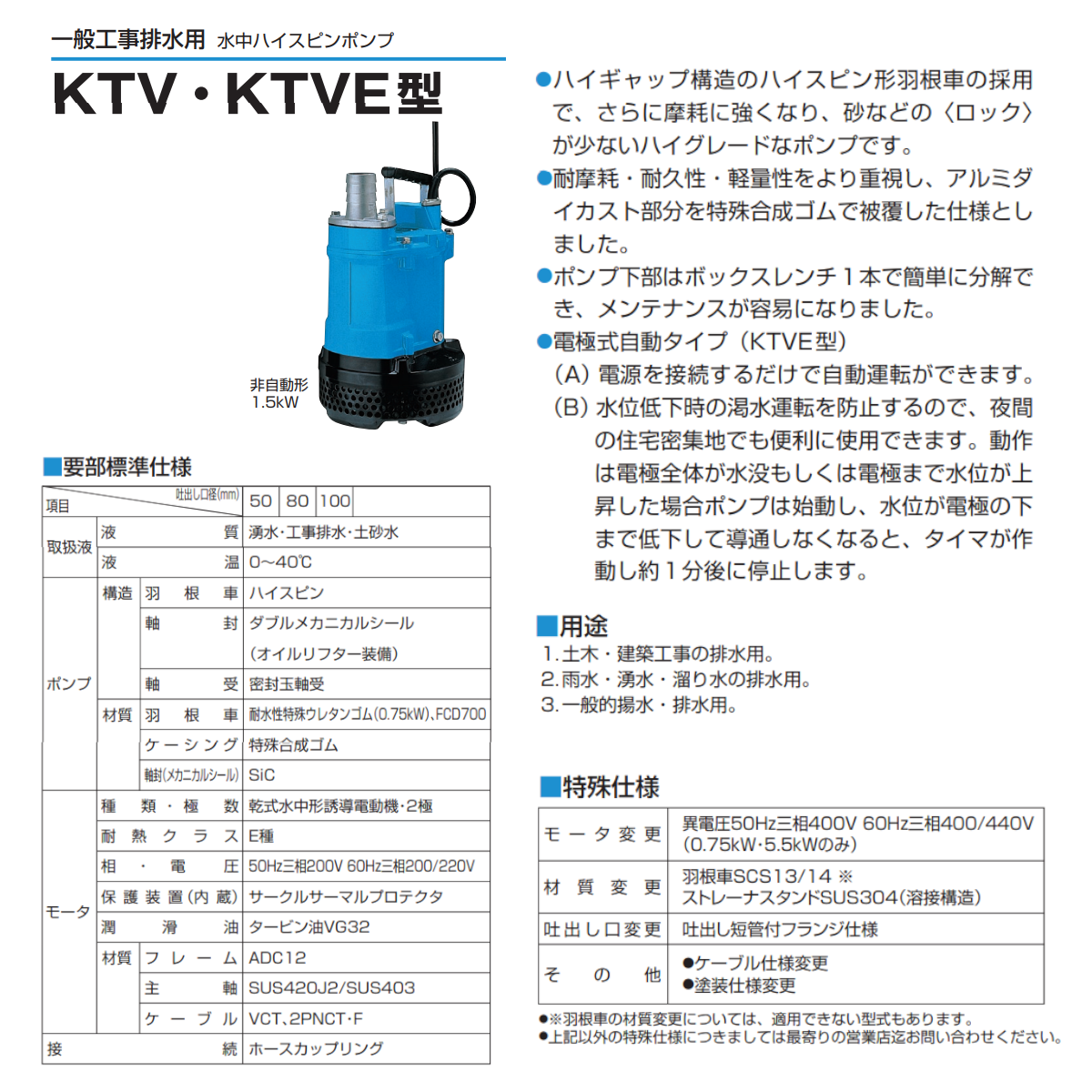 ツルミ 水中ハイスピンポンプ KTV2.75 非自動形 50mm 50Hz/60Hz 三相200V ハイスピン 水中ポンプ 一般工事排水ポンプ 排水ポンプ｜kenki-land｜04