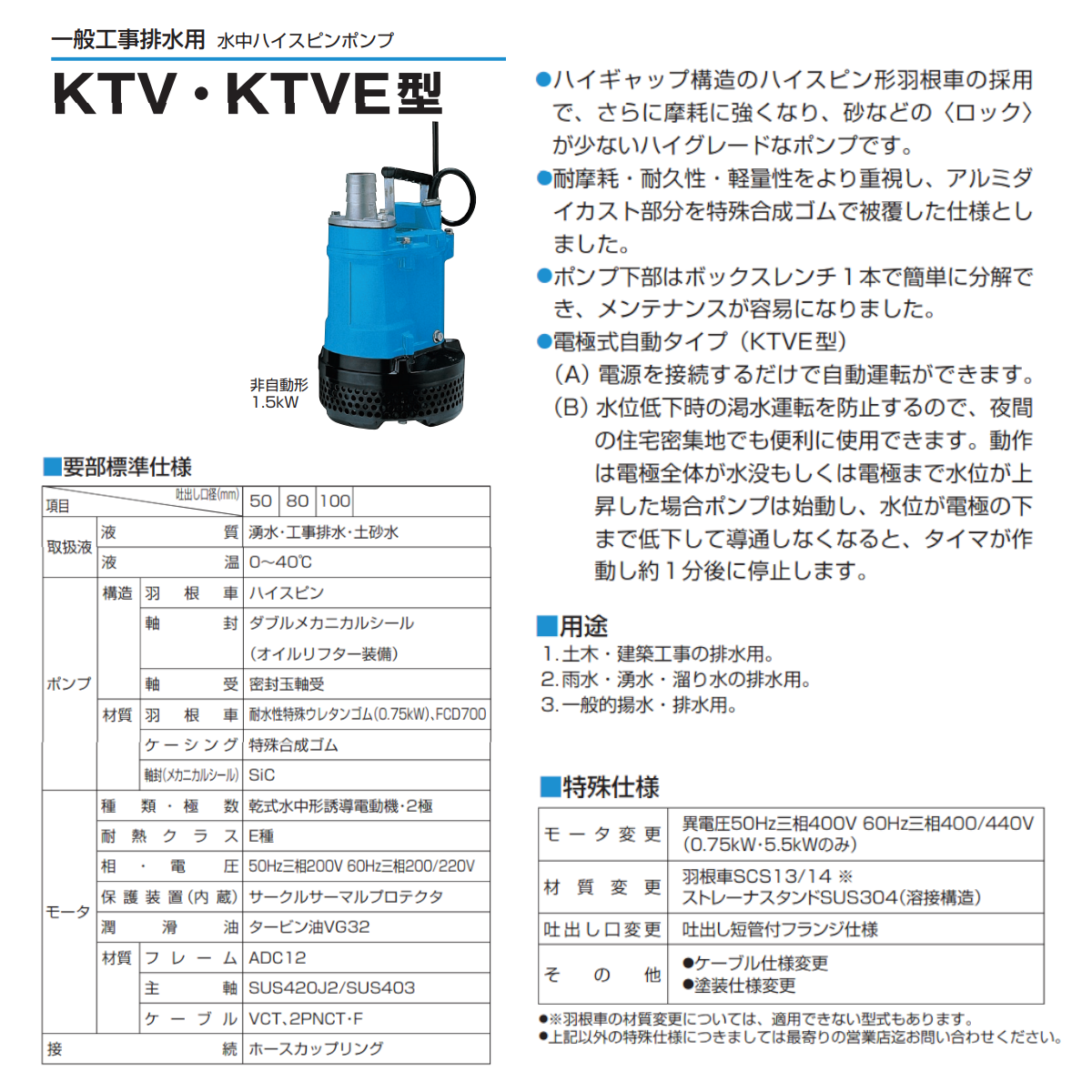 ツルミ 水中ハイスピンポンプ KTV2-37 非自動形 50mm 50Hz/60Hz 三相200V ハイスピン 水中ポンプ 一般工事排水ポンプ 排水ポンプ｜kenki-land｜04