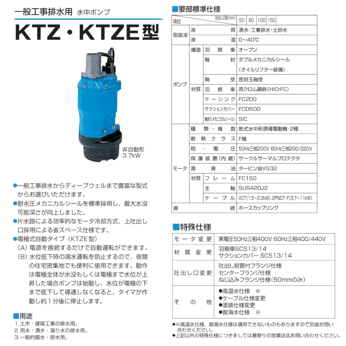 ツルミ 水中ポンプ KTZ22.2 非自動形 50mm 50Hz/60Hz 三相200V 一般