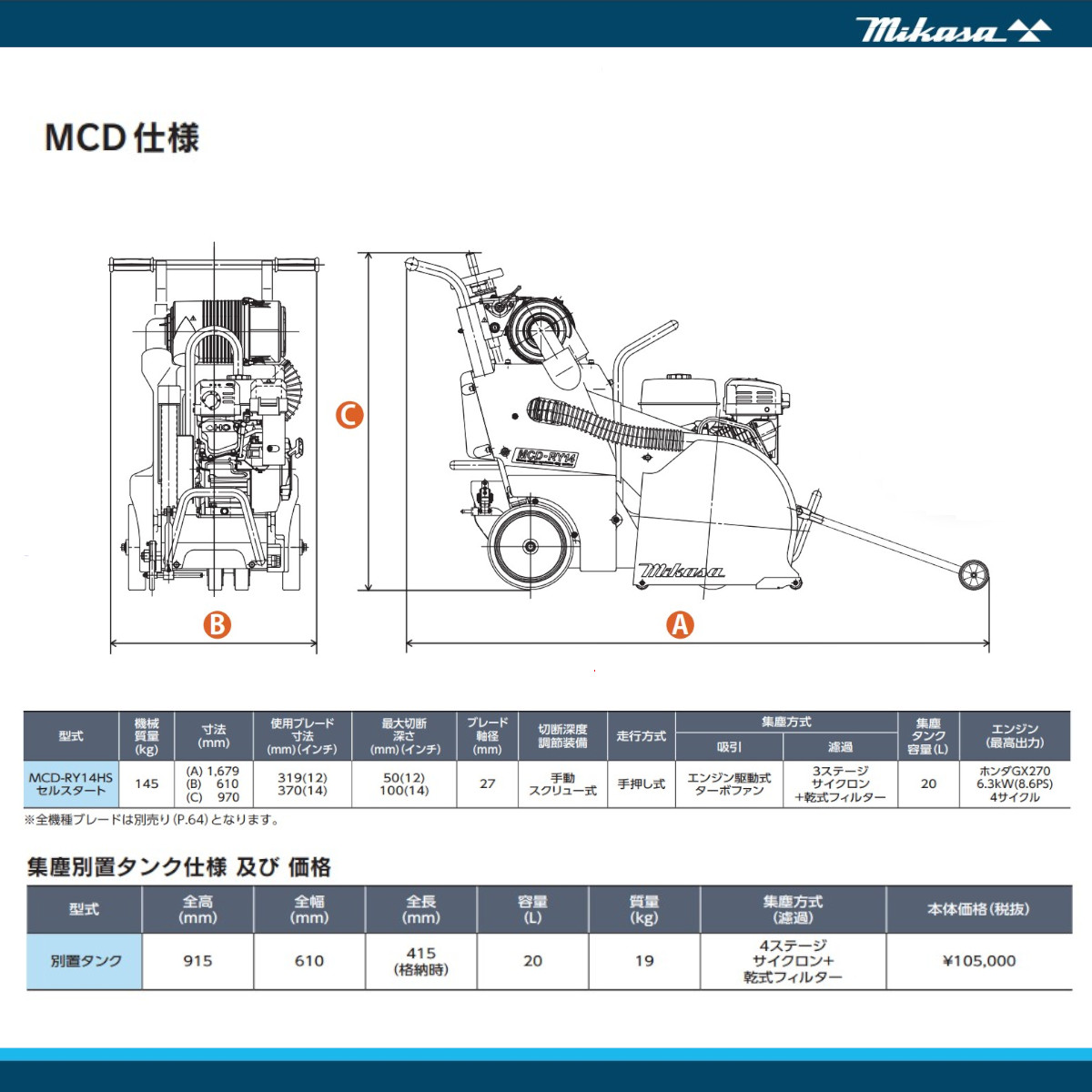 三笠産業 別置きタンク MCD-RY14HS 用 吸塵式乾式カッター 吸塵式乾式ロードカッター コンクリート アスファルト セルスタート ロードカッター  エンジンカッター : 002-286 : 建機ランド Yahoo!店 - 通販 - Yahoo!ショッピング