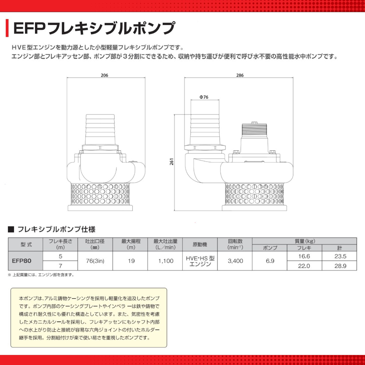 エクセン HFP フレキアッセン 7m フレキシブルポンプ 水中ポンプ 工事現場 土木工事 建設 リフォーム 工事 軽量 軽量化 呼び水不要 高性能 exen｜kenki-land｜05