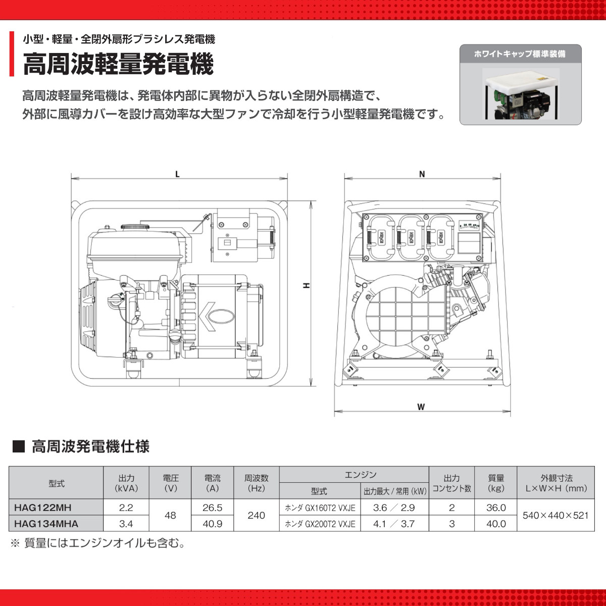 エクセン 発電機 HAG134MHA 3.4kVA 高周波軽量発電機 軽量  小型 高周波インバータ 土木 舗装 建築 打設 リフォーム コンクリート 積み重ね可能 現場 工事現場｜kenki-land｜06