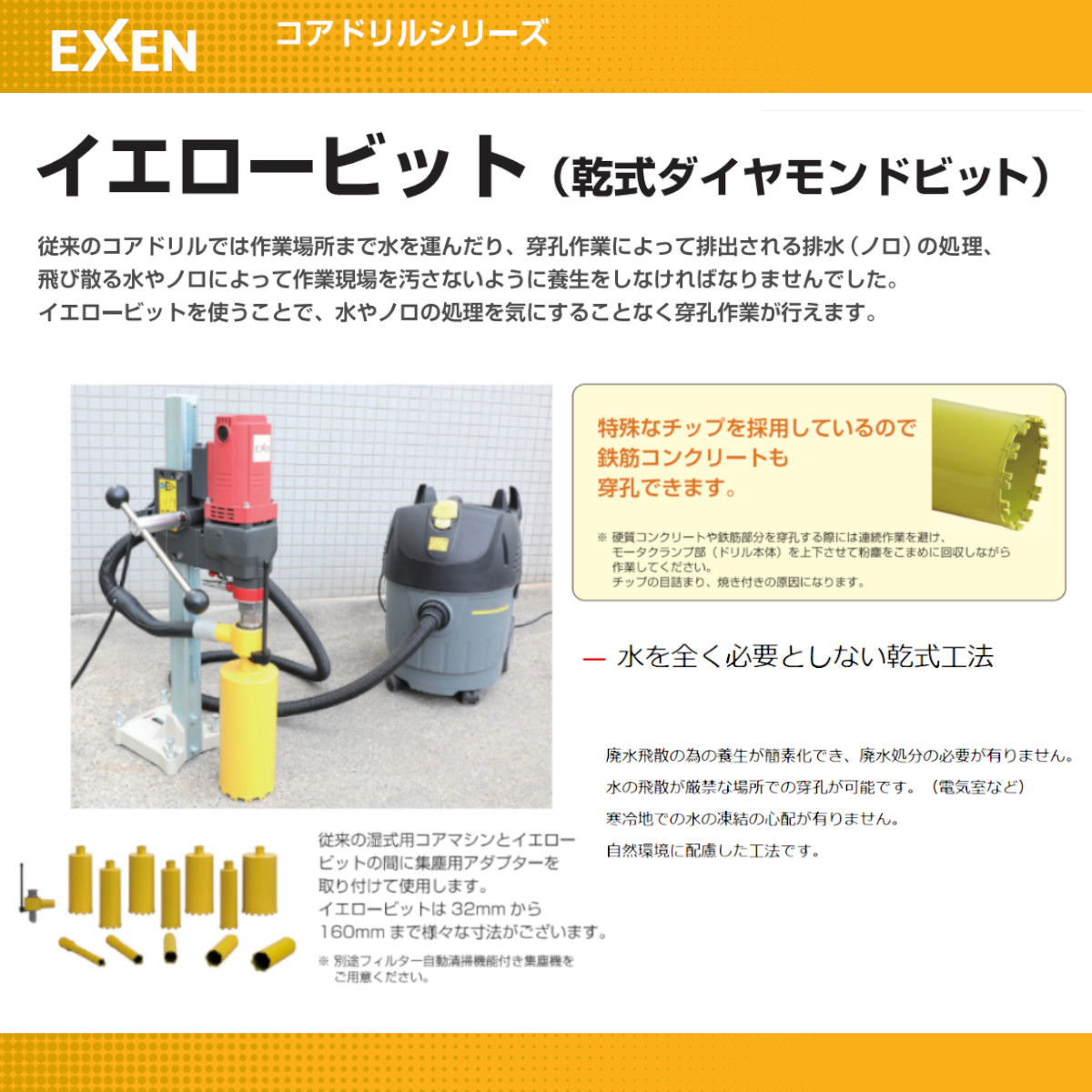 エクセン 乾式ダイヤモンドビット イエロービット YBA 40ｍｍ Aロットネジ ドリル 小径 耐震補強 鉄筋コンクリート 配管設備 土木 建築 リフォーム 工事｜kenki-land｜06