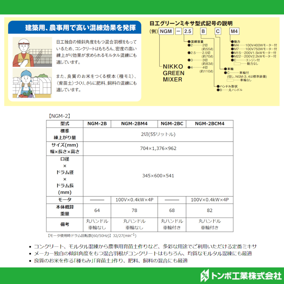 トンボ工業 グリーンミキサ NGM-2B 2切 コンクリートミキサー 建築