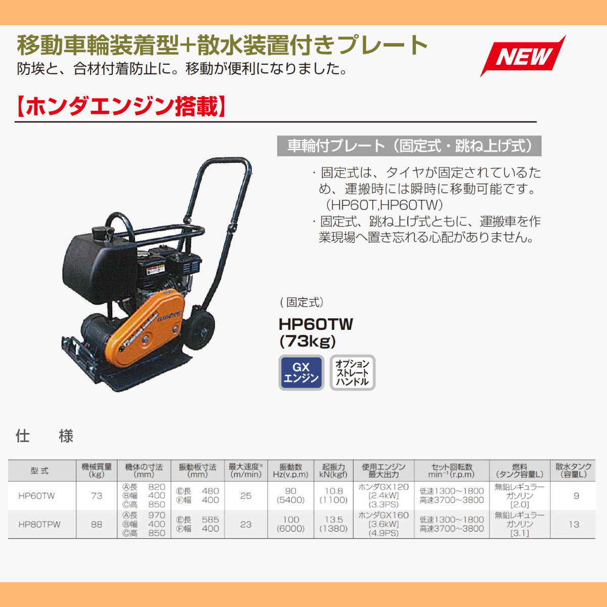 明和製作所 プレートコンパクター HP60TW 散水装置 水タンク付 車輪付 固定式 中折れハンドル 転圧機 プレート 締固め エンジン式 振動 転圧機械  建設作業 明和 : 008-135 : 建機ランド Yahoo!店 - 通販 - Yahoo!ショッピング