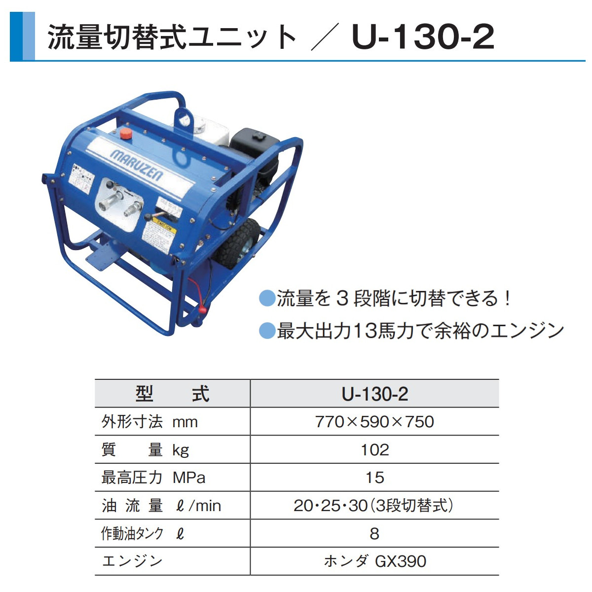 丸善工業 油圧ユニット U-130-2 流量切替式 切替 3段階 油圧パワーユニット セルスタート エンジン 油圧ツール 工事 建設機械 油圧 配管  U-100 丸善 maruzen : 102-114 : 建機ランド Yahoo!店 - 通販 - Yahoo!ショッピング