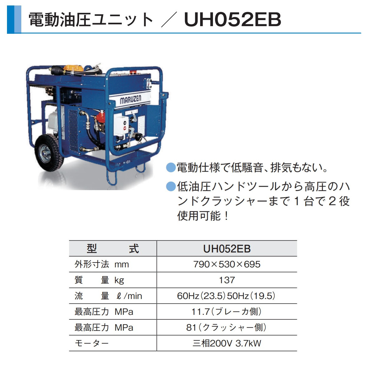 丸善工業 油圧ユニット UH052EB 電動式 電動ユニット 三相200V 低騒音 排気なし 室内 工事 低圧 高圧 油圧機器 油圧パワーユニット  ユニット 丸善 maruzen