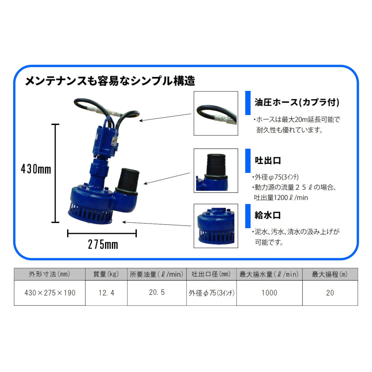 丸善工業 油圧水中ポンプ PH-300 口径3インチ 揚程20m 水中ポンプ ポンプ 油圧モーター コンパクト 軽量 排水 工事 現場 小型 丸善  marnzen : 102-139 : 建機ランド Yahoo!店 - 通販 - Yahoo!ショッピング