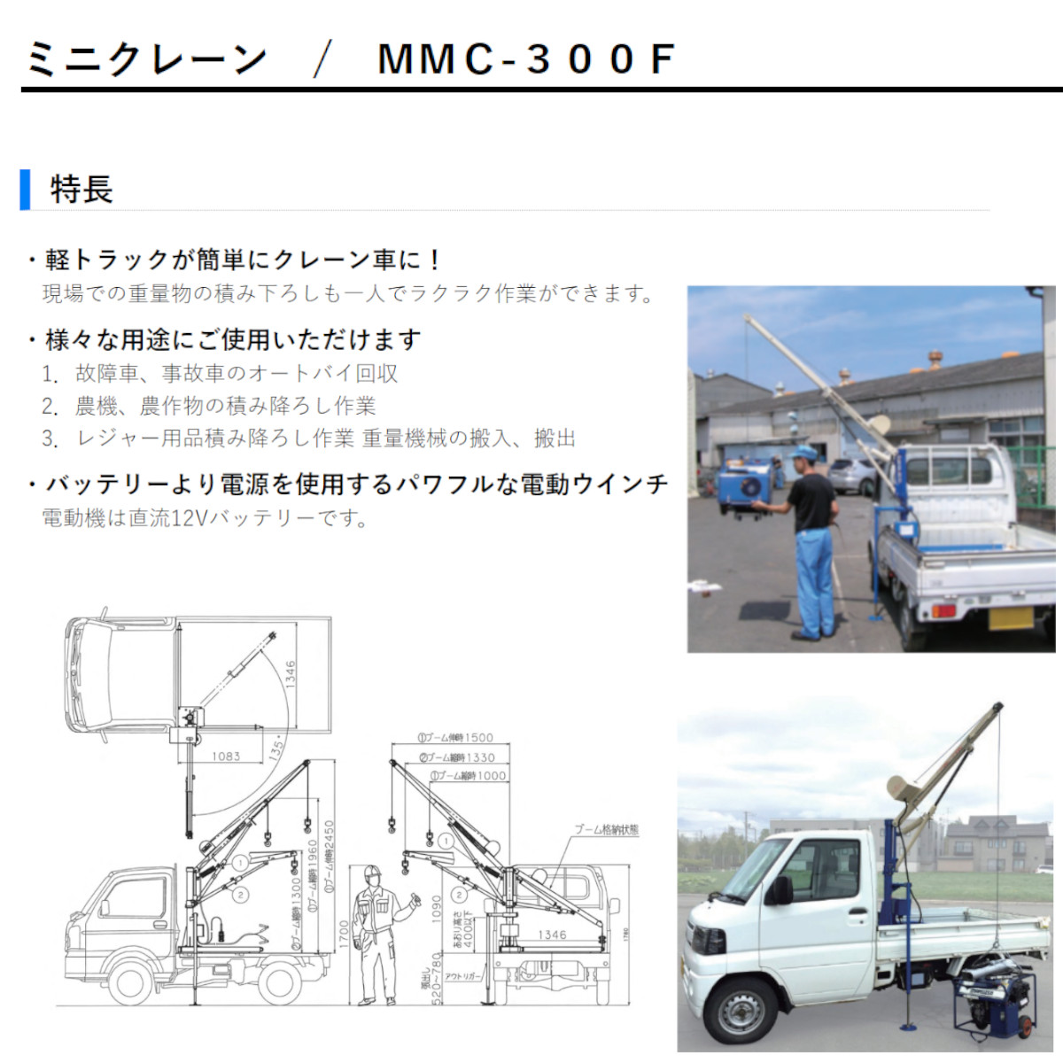 丸善工業 ミニクレーン MMC-300F クレーン 車 軽トラック 300kg 積み降ろし 積み込み レジャー 農家 農機 農産物 搬入 搬出 吊上  荷重 丸善 marnzen : 102-172 : 建機ランド Yahoo!店 - 通販 - Yahoo!ショッピング