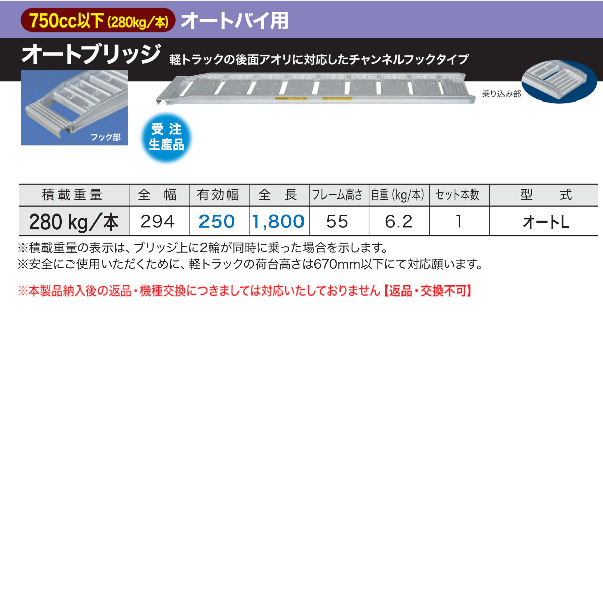 日軽金 2輪車用 オートブリッジ L Type 荷重280kg 全長180cm 有効幅