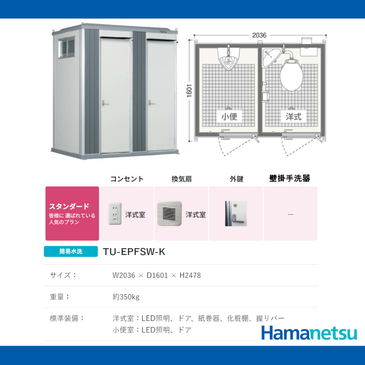 ハマネツ トイレユニット TU-EPFSW-K スタンダード エポックトイレ 簡易水洗タイプ 2室各室入口 小便＋洋式 仮設トイレ コンパクト  建築現場 作業所 倉庫