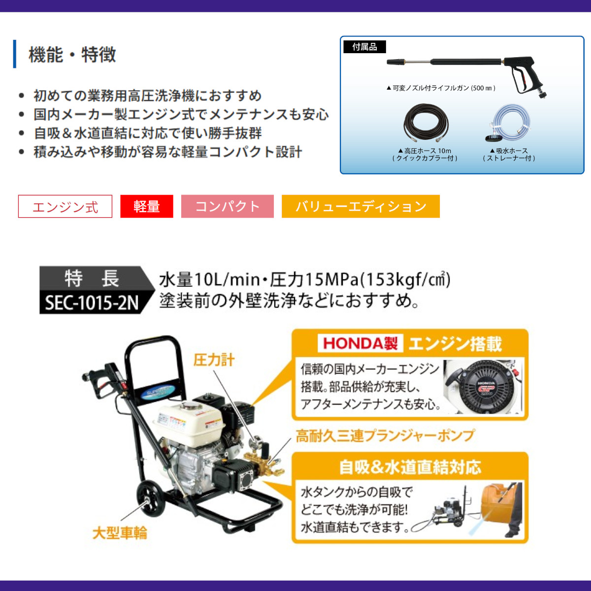 スーパー工業 高圧洗浄機 SEC-1015-2N エンジン式 カート型 15MPa 組立
