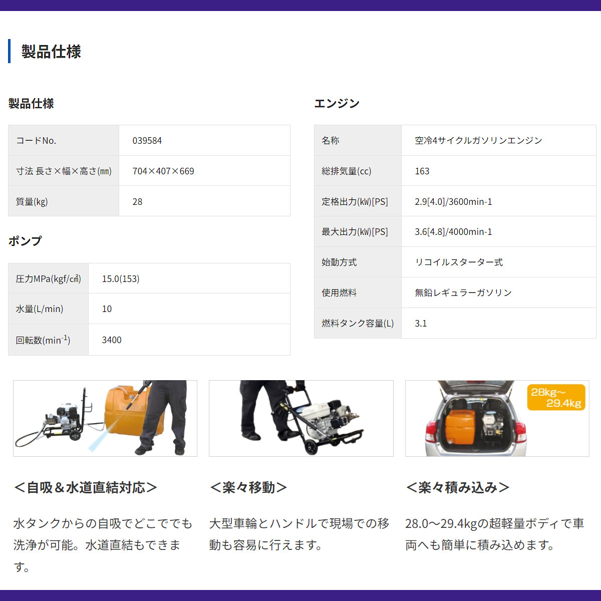 スーパー工業 高圧洗浄機 SEC-1015-2N エンジン式 カート型 15MPa 組立