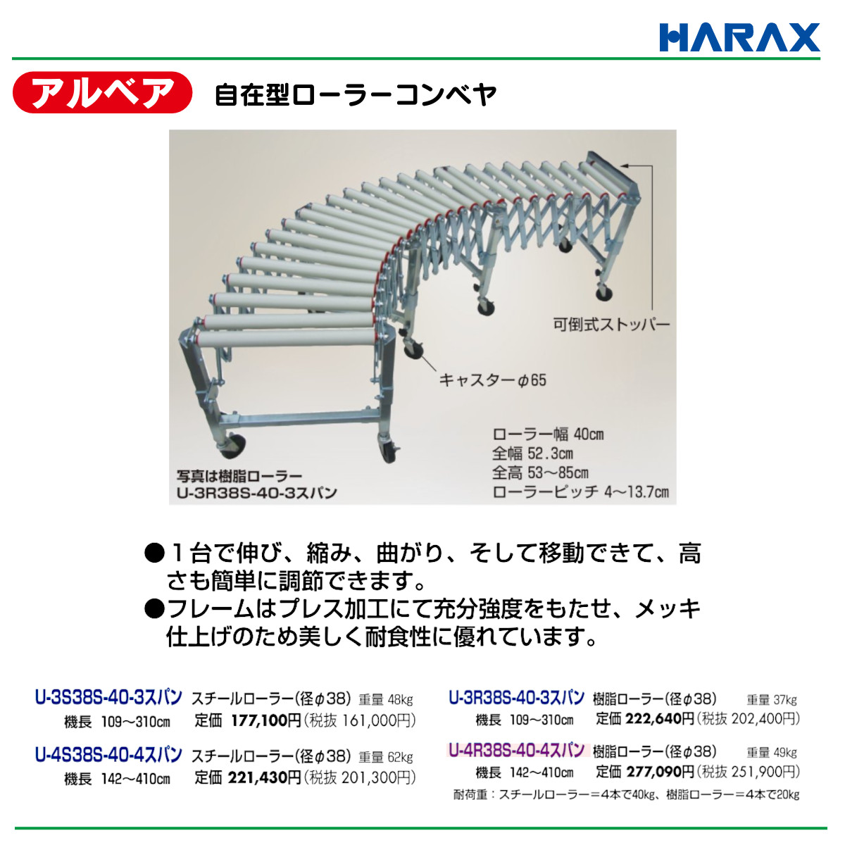 ハラックス アルベア U-4R38S-40-4スパン 自在型 ローラー コンベア