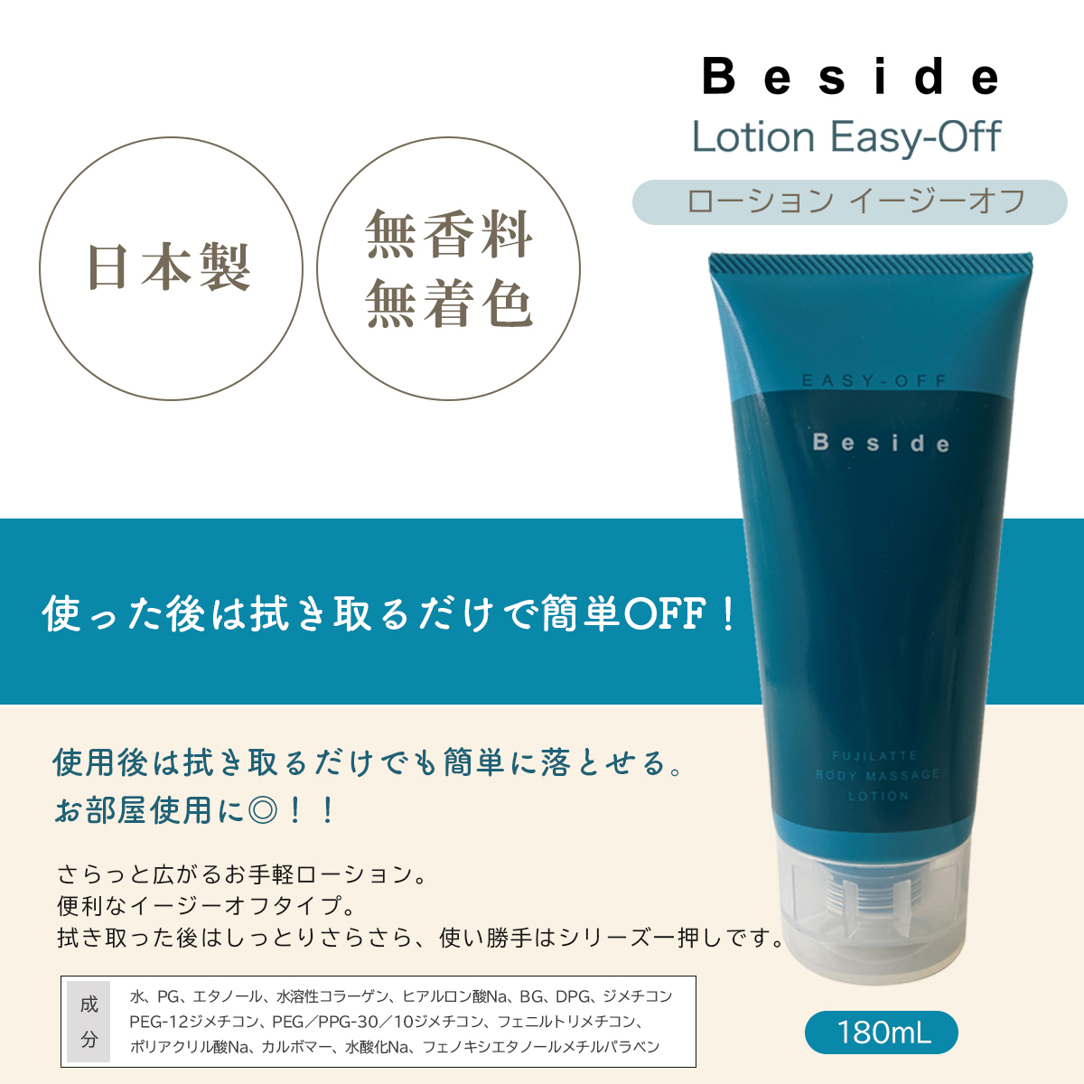 不二ラテックス Beside ローション イージーオフ 180mL ビサイド 潤滑剤ローション 日本製 無香料 無着色 しっとり さらさら｜kenko-fan-nikko｜06