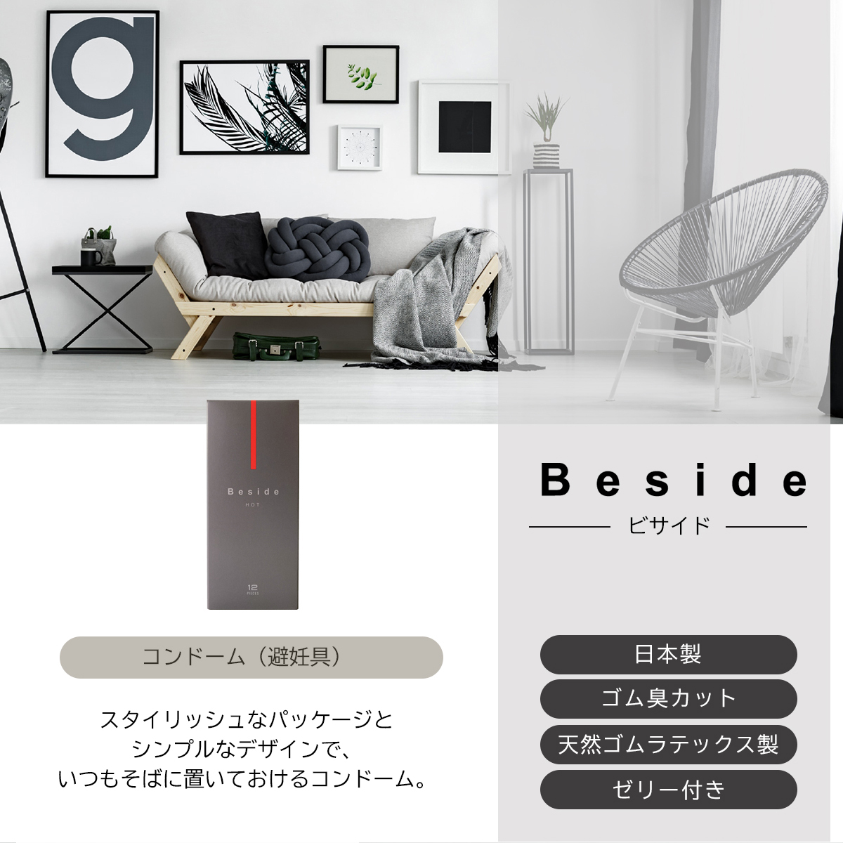 不二ラテックス Beside コンドーム ホット（12個入り） ビサイド 日本製 避妊具 ゴム臭いカット 天然ゴムラテックス ホットゼリー ホワイト