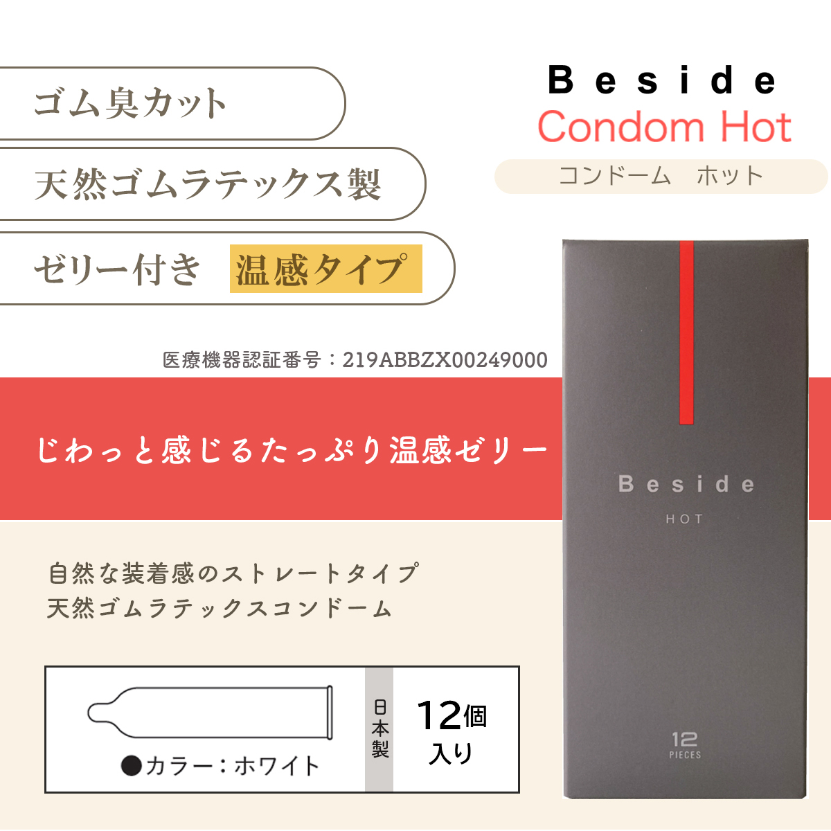 不二ラテックス Beside コンドーム ホット（12個入り） ビサイド 日本製 避妊具 ゴム臭いカット 天然ゴムラテックス ホットゼリー ホワイト