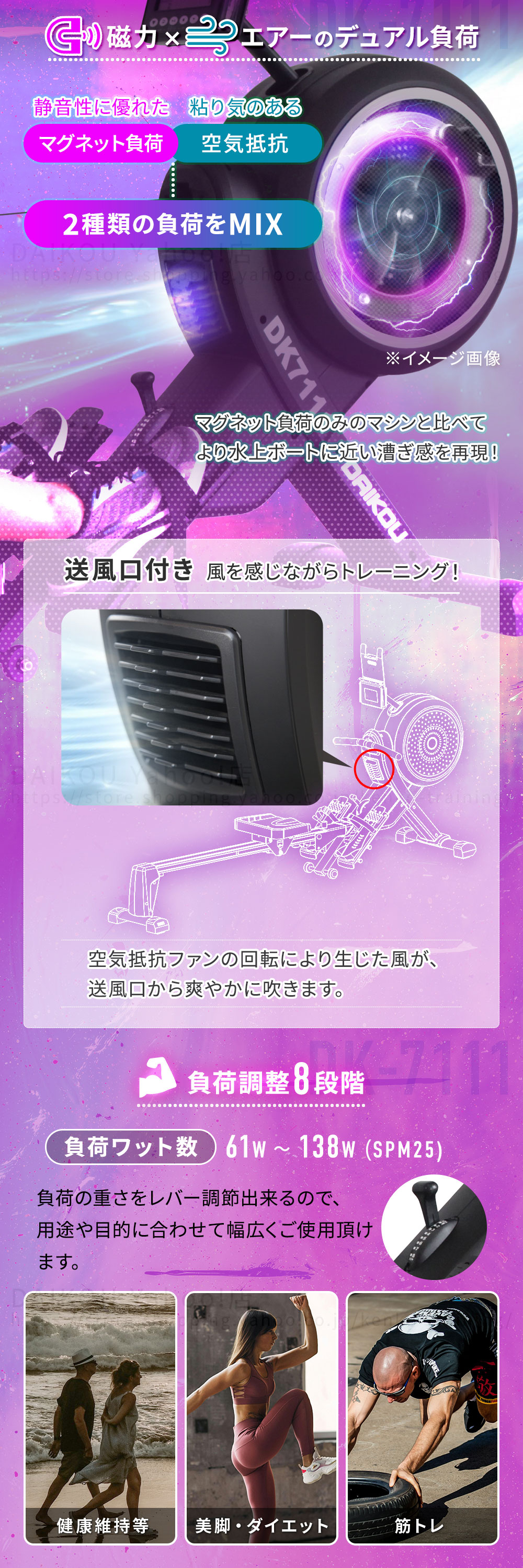 準業務用ローイングマシンDK-7111は、マグネット抵抗と空気抵抗のデュアル負荷方式