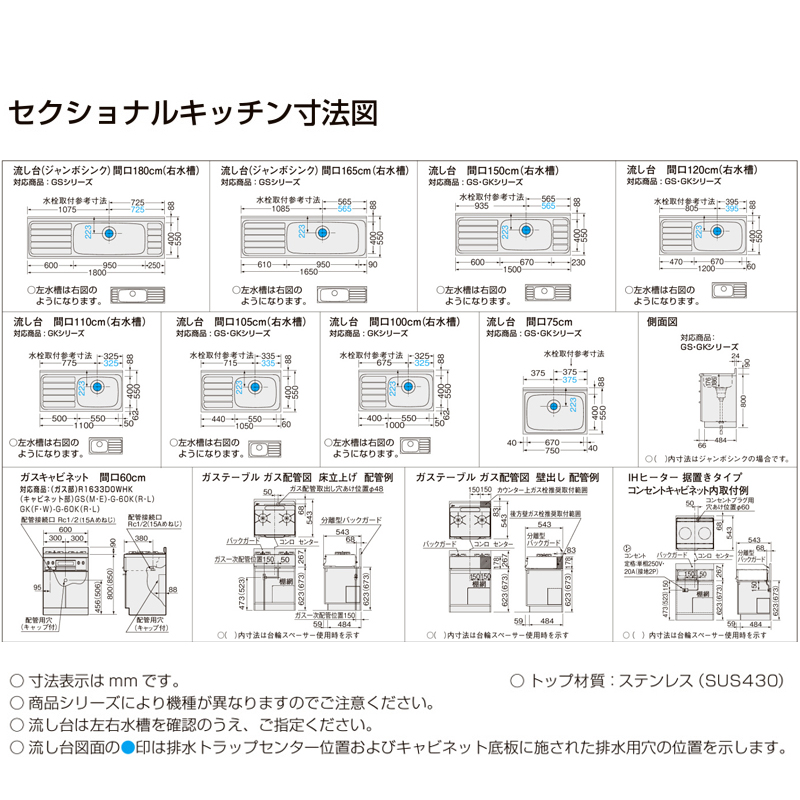リクシル セクショナルキッチン GSシリーズ 流し台 間口1800 GS(M-E)-S