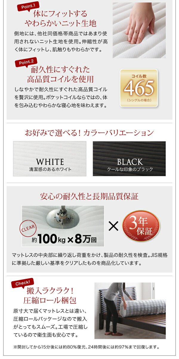 公式日本 シンプルモダンデザイン・収納ベッド 国産カバーポケットコイルマットレス付き シングル