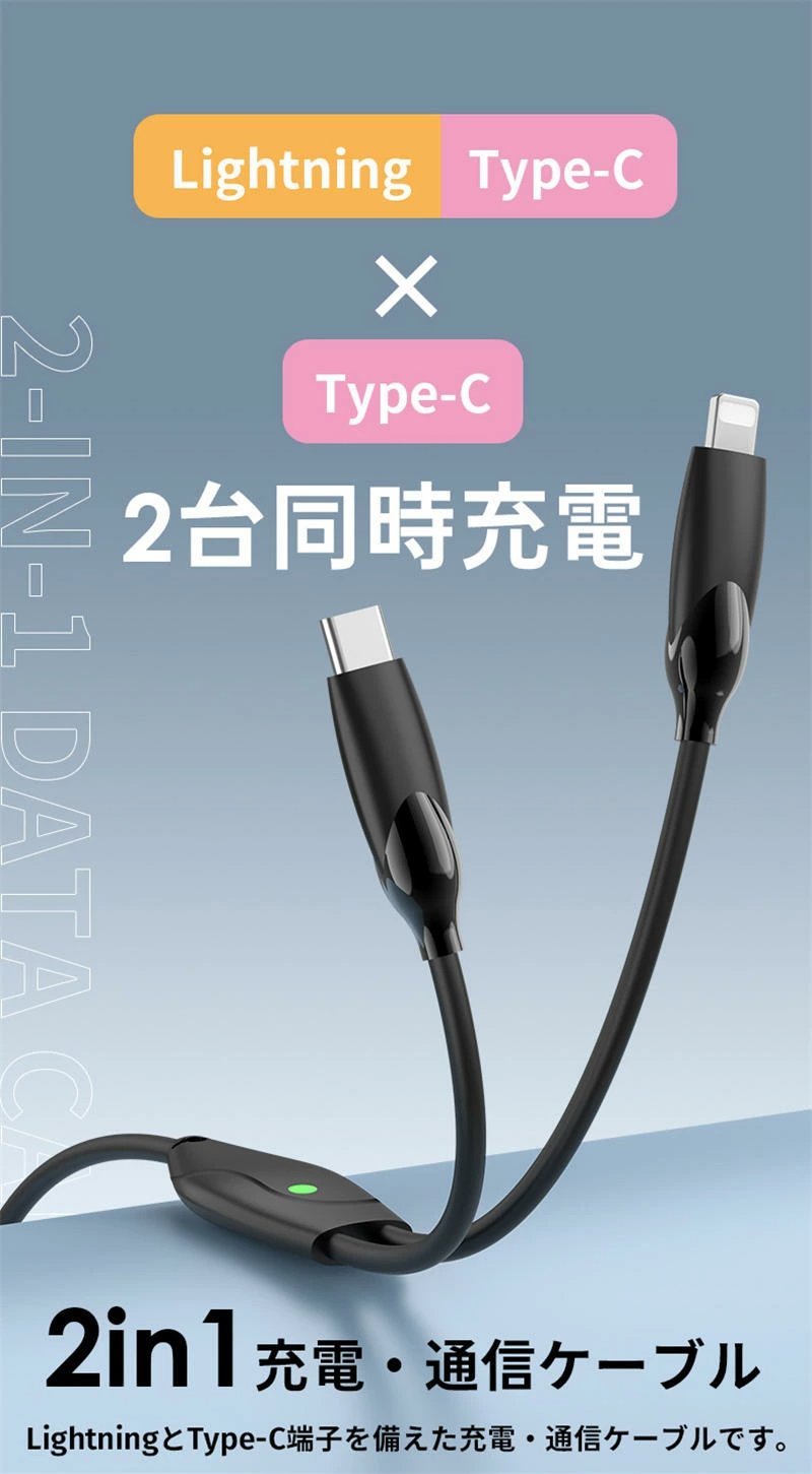 USB Type-C Lightning 2in1 急速充電ケーブル 2台同時/通信