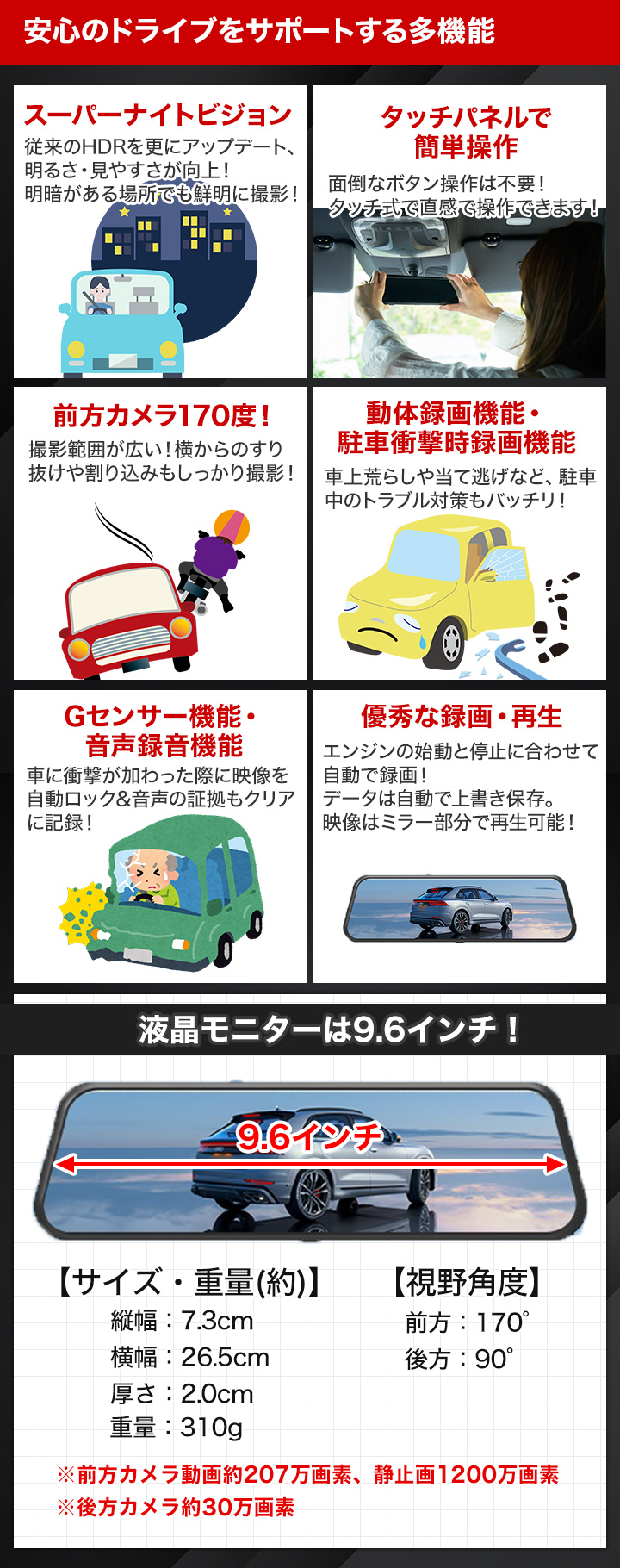 ドラレコ 録画 防犯 快適生活 簡単タッチ操作！「全画面ミラー型