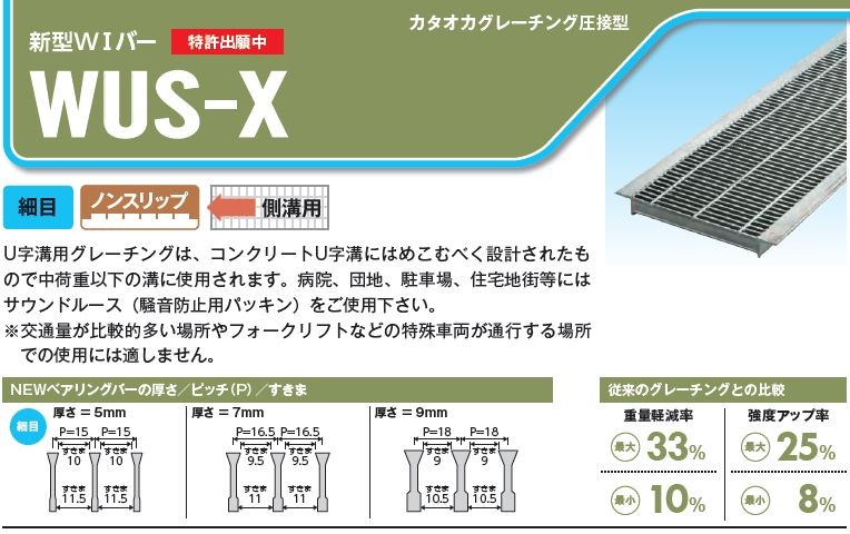 グレーチングU字側溝400mm用 細目 滑り止め付 適用荷重 T-14 その他の