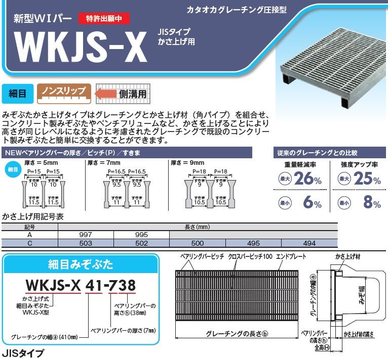 グレーチングJIS側溝用かさ上げ細目滑り止め付グレーチング本体寸法mm